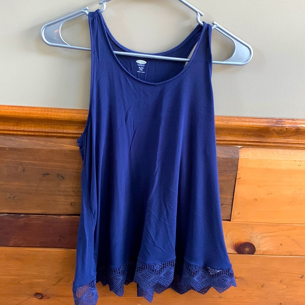 Dark blue tank top with lace at the bottom.